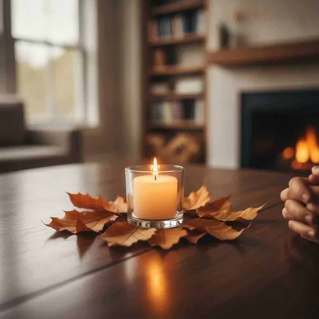 Una hoja de otoño sobre una mesa junto a una taza, evocando el duelo que vuelve en fechas señaladas