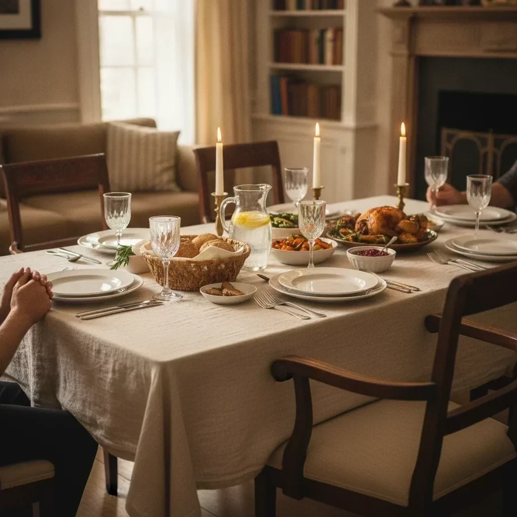 Family table set for a Christmas meal with empty chairs